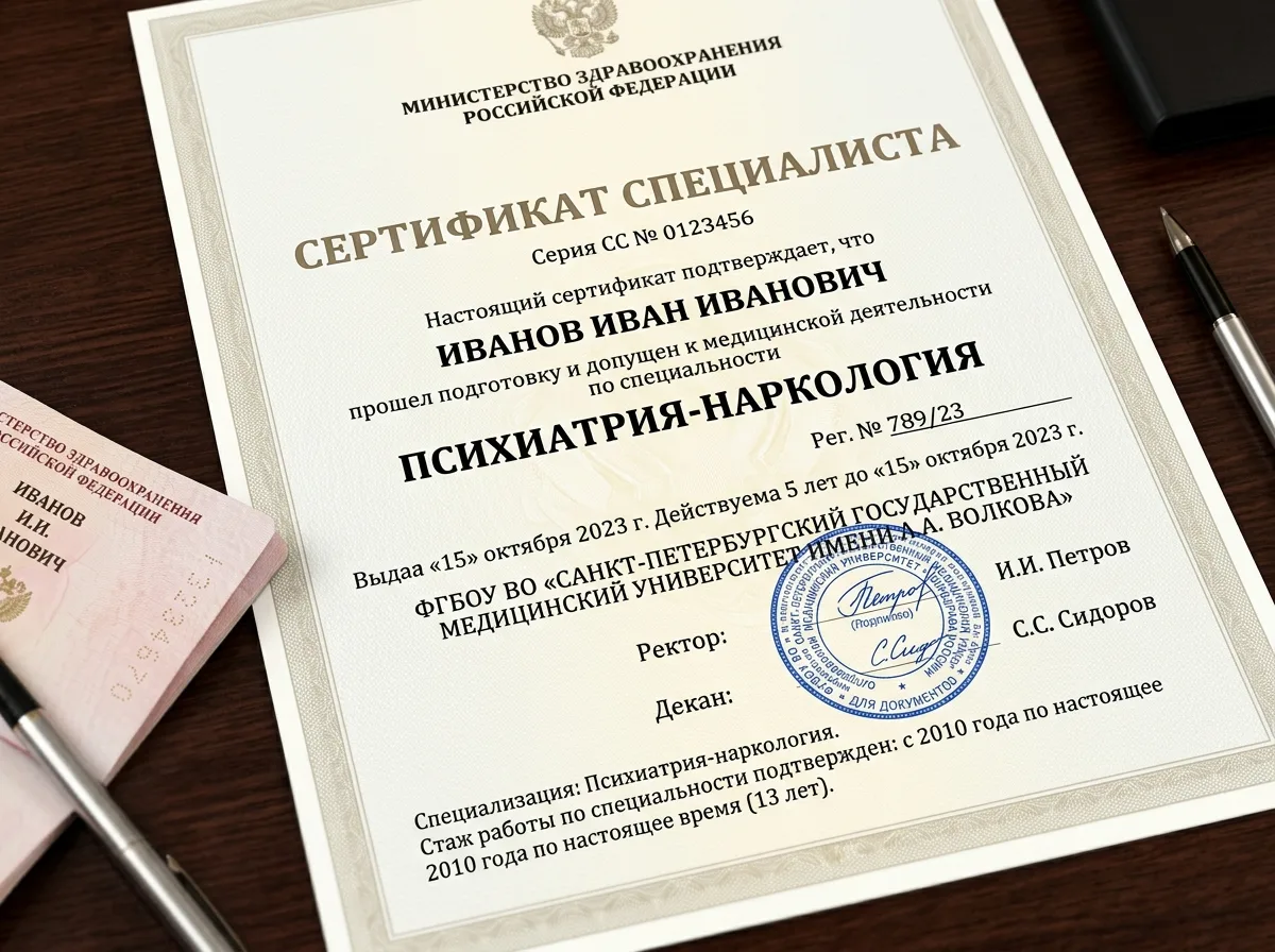 Сертификат специалиста врача-нарколога, документ установленного образца с печатью медицинского университета, стаж работы подтверждён